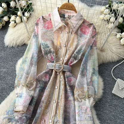 Elegant Flower Printed Linen Mini Dress with Long Lantern Sleeves Women's Lapel Single-Breasted for Birthday Party Club Wear