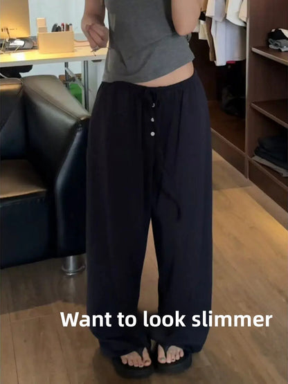 Ice Silk Quick Dry Wide Leg Pants Women Summer Thin Loose Casual Drape Straight Tube Leisure Walking Pants High Waist Elastic