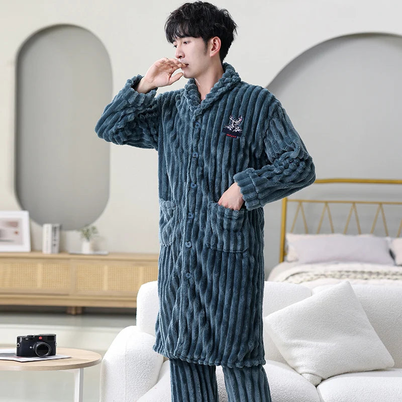 Winter Coral Velvet Men Sleepwear Button Cardigan Robes + Pants Thicken Flannel Bathrobe Male Long Sleeve Kimono Warm Home Wear