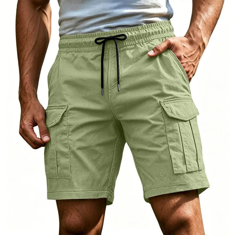 Men Solid Color Drawstring Cargo Shorts Elastic Waist Multi Pocket Loose Casual Summer Beach Short Pants
