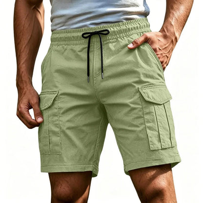 Men Solid Color Drawstring Cargo Shorts Elastic Waist Multi Pocket Loose Casual Summer Beach Short Pants