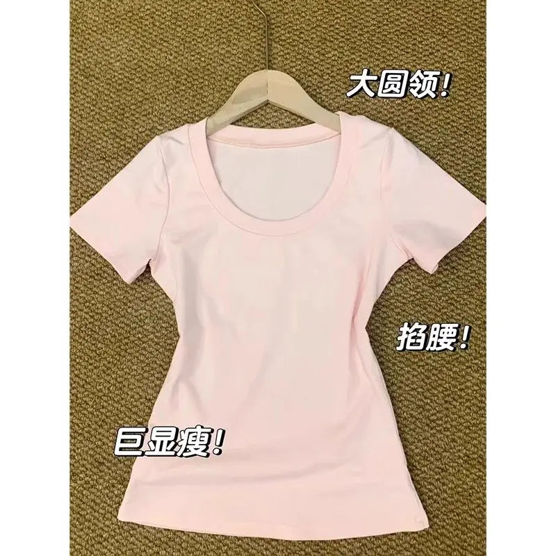 American Retro Shoulder U-neck  Color Short Sleeve T-shirt Women Summer Slimming Waist Pure Desire Short Hot Girl Top