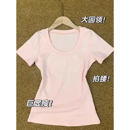 American Retro Shoulder U-neck  Color Short Sleeve T-shirt Women Summer Slimming Waist Pure Desire Short Hot Girl Top