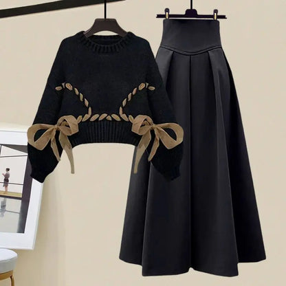 plus Size Winter Outfit 2023 New Style Slimming  Knot Sweater High Waist  Skirt Two Piece Set for plus Size Women