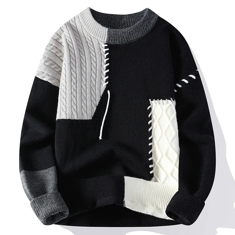 2025 New Patchwork Sweater Trend High Street Fashion Autumn and Winter Warm Men's Top Hip-hop Street Clothing