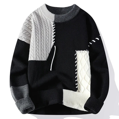 2025 New Patchwork Sweater Trend High Street Fashion Autumn and Winter Warm Men's Top Hip-hop Street Clothing