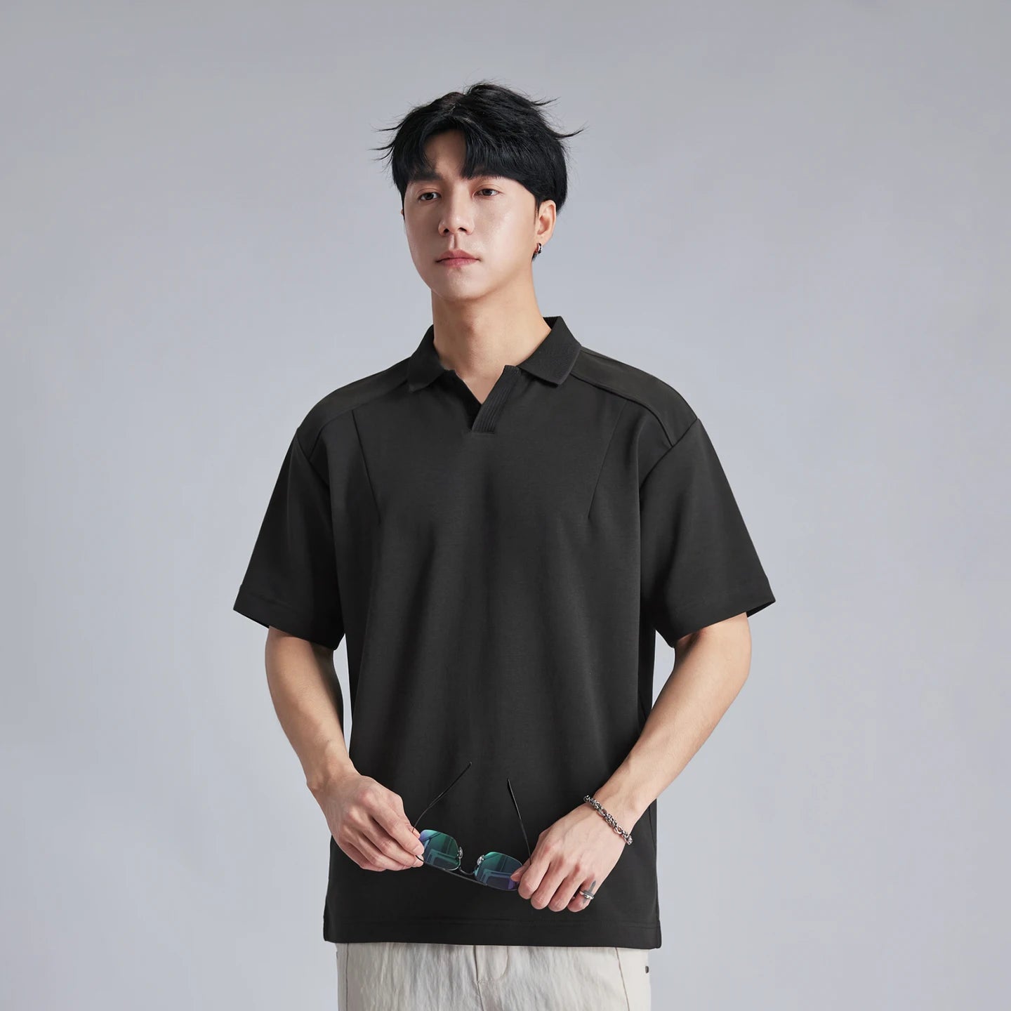 Fashion Men Solid V Neck Polo Shirts 2026 Summer Air Cotton Luxury Old Money Style Short Sleeve Tops Casual Versatile Tees