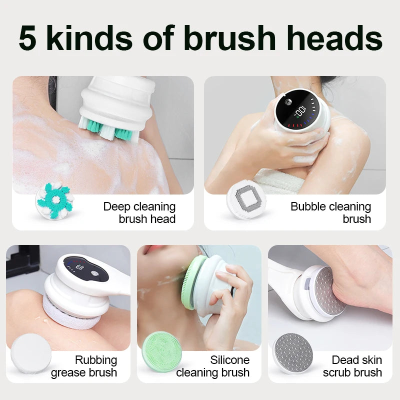 Electric Body Brush Back Skin Scrubber for Shower Waterproof Bath Brush with 5 Heads 3 Levels for Cleansing and Massaging Skin