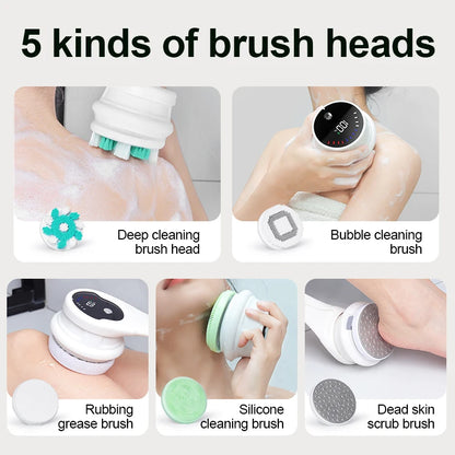 Electric Body Brush Back Skin Scrubber for Shower Waterproof Bath Brush with 5 Heads 3 Levels for Cleansing and Massaging Skin