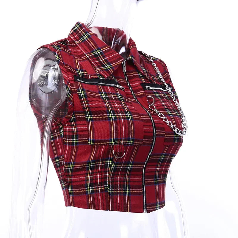 Women T-shirt Plaid Punk Streetwear Zipper Chain Plaid Female Goth Retro Hi Hop Camis Top Gothic Chic Sexy Crop Tops
