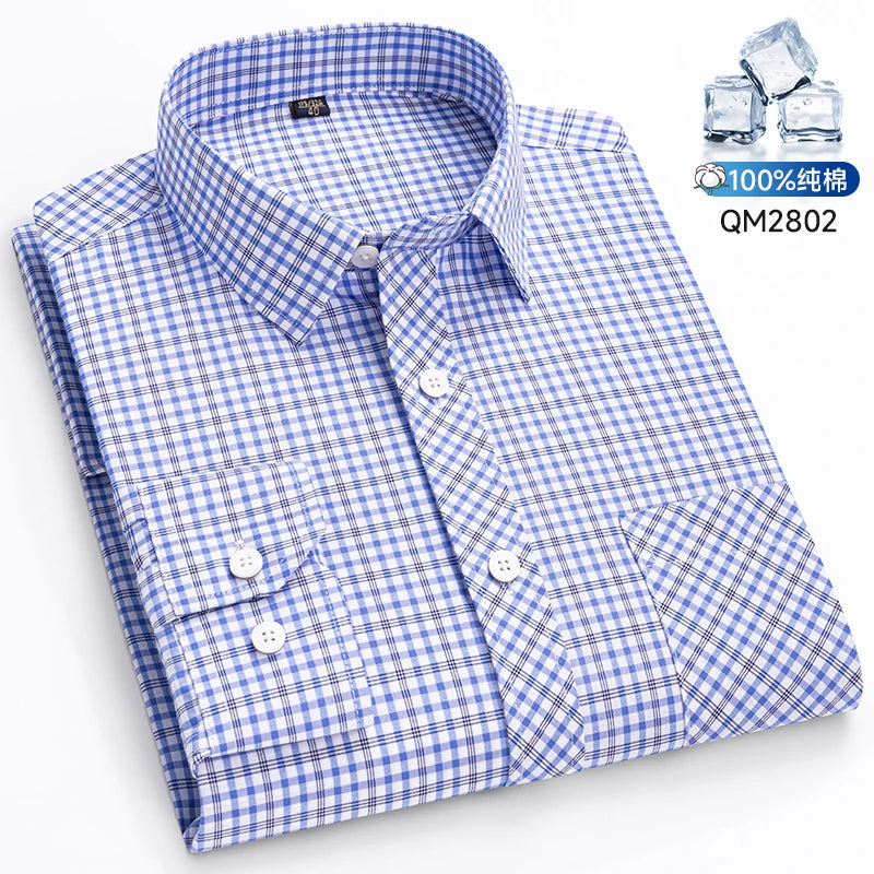 The New Men's Long-Sleeved Shirt Is Cool and Casual. It's a Thin, All-Cotton, Streetwear Checkered Style for Spring and Summer