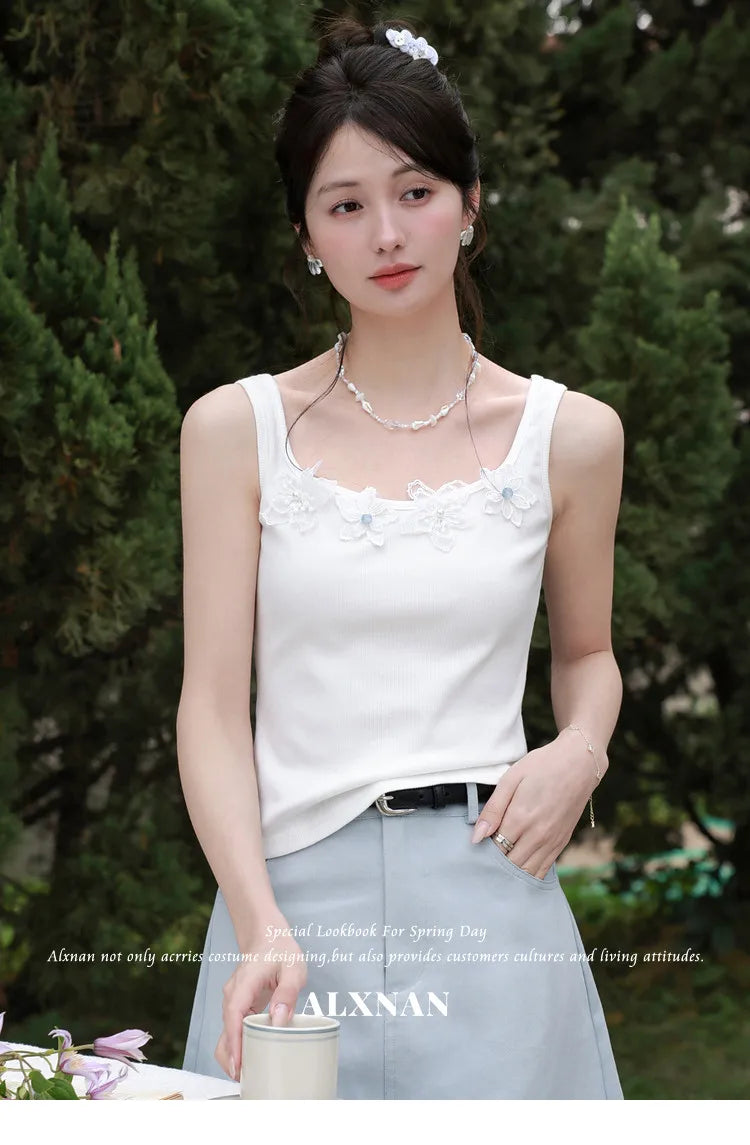 ALXNAN White Tank Tops Women 3D Floral Design Elegant Square Neck Camisole Summer Casual Cotton Female Sleeveless Tops L62833