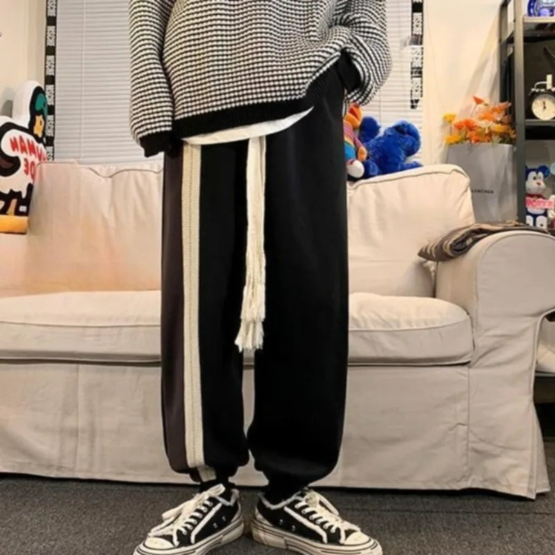 Men's Brown Tapered Leg Joggers Spring Casual Pants Hong Kong Retro American Style with Drawstring Japanese Vintage Look