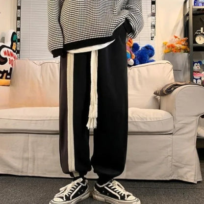 Men's Brown Tapered Leg Joggers Spring Casual Pants Hong Kong Retro American Style with Drawstring Japanese Vintage Look