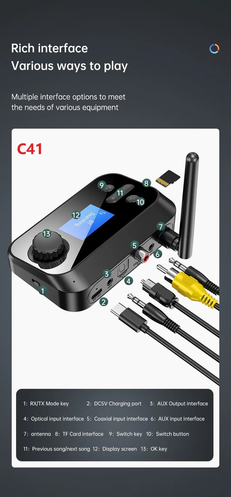 6 in 1 Long Range Bluetooth 5.1 Audio Transmitter Receiver RCA 3.5mm AUX USB Dongle Stereo Wireless Adapter For PC TV Headphones