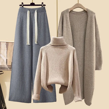 Fashionable Knitted Three-Piece Set Women's Autumn New Lazy Style Open Cardigan Outerwear Slimming Wide Leg Pants
