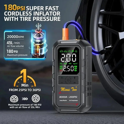 8000A Peak Wireless Jump Starter, Portable Car Battery Booster, All-in-One Emergency Power Supply, Backup Power for Vehicles。