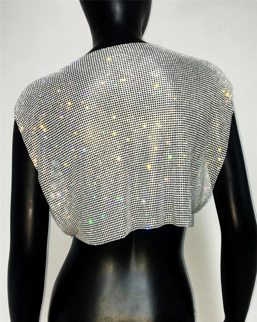 Shiny Rhinestone Metal Sequins Crop Tops Summer Women Sexy Round Neck Handmade Camisole Nightclub Party Club Tank Tops