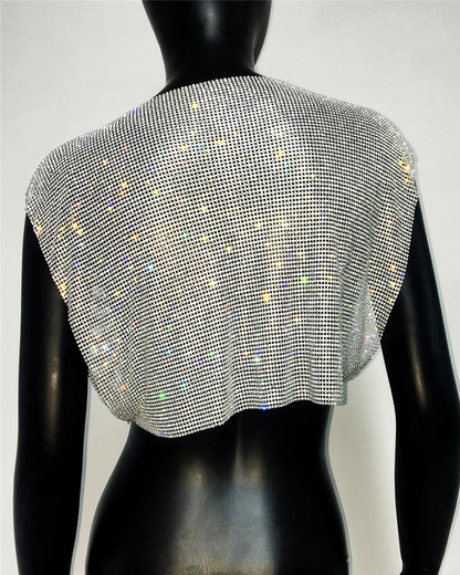 Shiny Rhinestone Metal Sequins Crop Tops Summer Women Sexy Round Neck Handmade Camisole Nightclub Party Club Tank Tops
