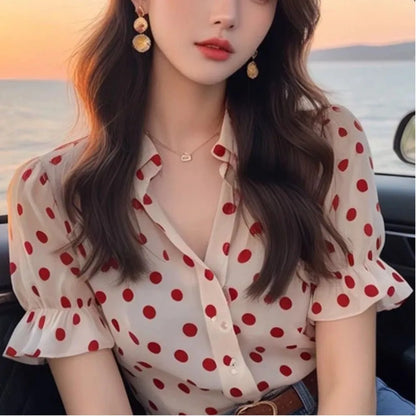 Ladies Fashion Loose Simplicity Elegant Trend Vintage Women's Shirt Buttons Polka Dot Flare Sleeve Temperament Short Sleeve Top