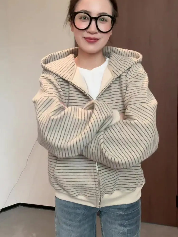 Korean Style Fleece Lined Thickened Striped Open Cardigan Hoodie Women's Loose Long Sleeve Top Autumn Winter New Arrival
