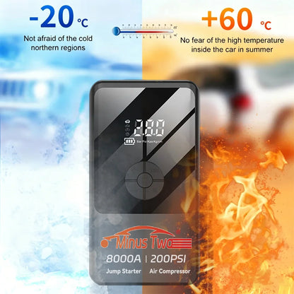 Smart Digital Display Jump Starter & Air Pump Combo Portable Electric Tire Inflator Emergency Car Booster with 12V Starter.
