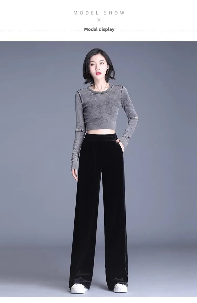 Slim Fit Velvet Wide Leg Pants Winter New Style plus Size Warm Fleece High Waist Elastic Korean Velvet Pants for Women