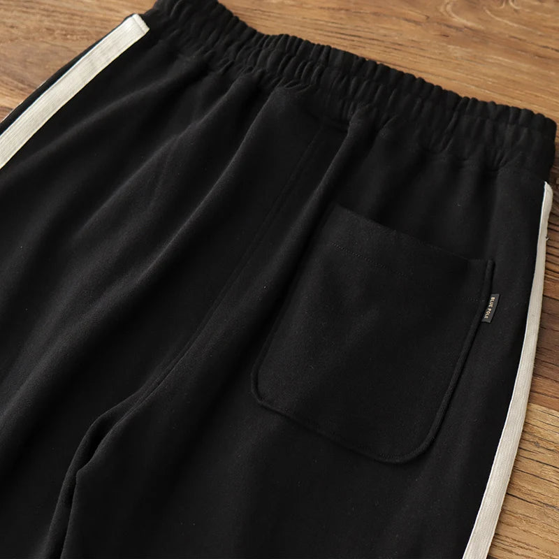 Spring Autumn American Retro Drawstring Knitted Striped Sweatpants Men's Simple 100% Cotton Sports Casual Loose Straight Pants