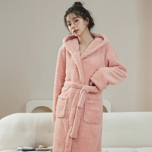 Couple's Thickened Coral Fleece Sleepwear Robe Winter Home Clothes Men's Long Coat Style Hat with Polyester Fabric