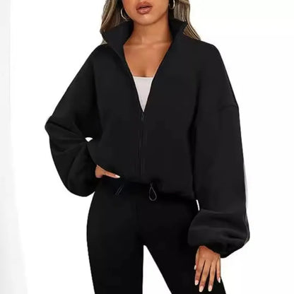 New Fashion Fall Winter Women's Short Zipper Hoodie Cropped Sweatshirt Drawstring Waist Puff Sleeve Pullover Y2k Clothing