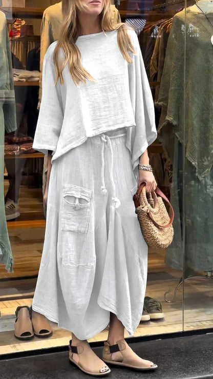 2024 Autumn Fashion New Women's Cotton and Linen Loose Skirt Two-piece Set Solid Color Irregular Top Waist Pocket Skirt Set