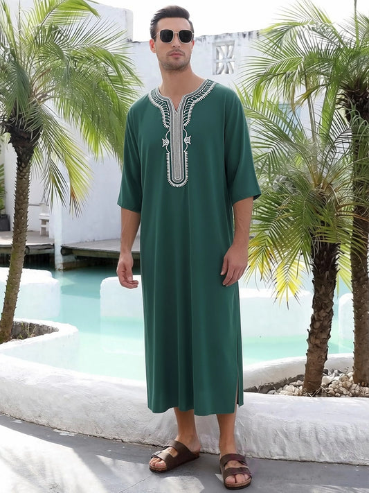 Islamic Men's Short Sleeve Embroidered Moroccan Loose Ethnic Arabic Thoub