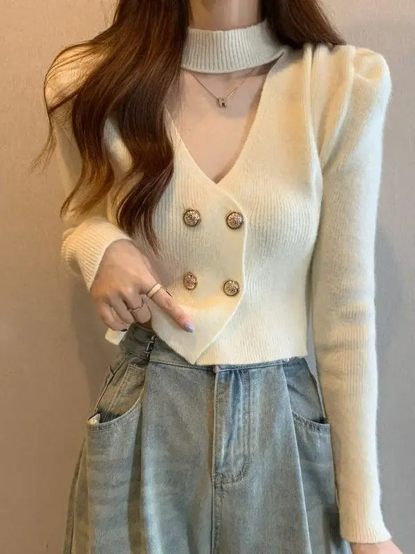 Elegant V-Neck Bubble Sleeve Knitwear Short Top Fashion Trend Neck Hanging Style Girl's French Style Slim Fit Long Sleeve Autumn