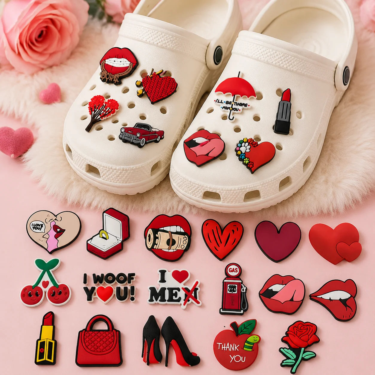 1/25PCS Red Romance & Glam Theme Shoe Charms Set DIY Decorative Pins Lips Heart Lipstick Clogs Accessories for Women Men Gifts