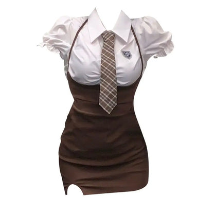 HELA American College Style Retro Wrap Skirt Set Women Summer Pure Desire Strap Dress Shirt Two Piece Set Long Sleeve