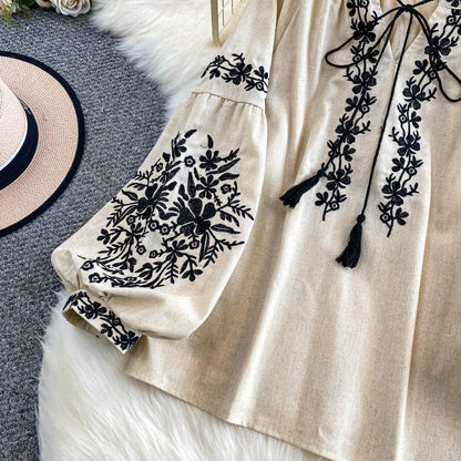 Bohemian Vacation Style Women's Shirt round Neck Lantern Sleeve Embroidery Heavy Work Autumn Design Sense Knot Design Top