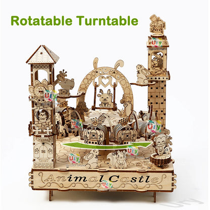 Rotatable DIY 3D Wooden Puzzles Electric Zoo Animals Amusement Park Turntable Model Mechanical Kits Decor Toys Gifts