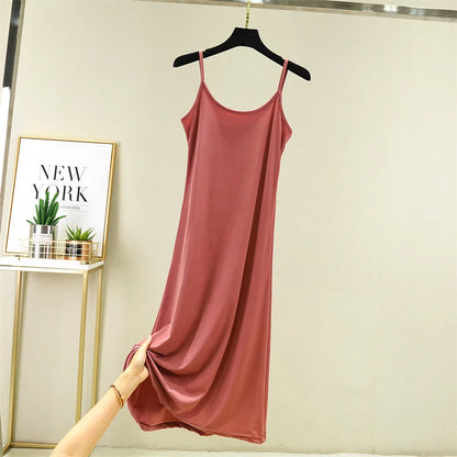 Summer Thin Ice Silk A-Line Dress Women's Casual Long Gown Inner Wear Vest Dress plus Size Korean Style Loose Waist Design