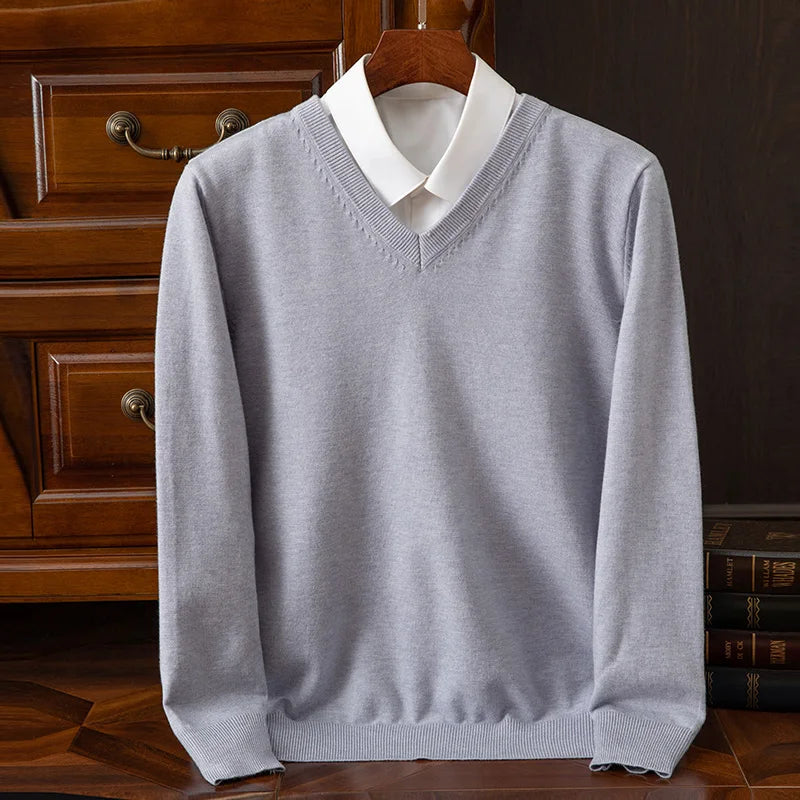 Autumn Winter Basic Merino Wool V-neck Sweater Men's Fashionable Casual Business Knitwear Cashmere Pullover Clothing Tops