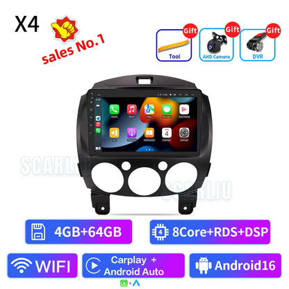 SCARLIU for Mazda 2 2007-2014 Multimedia Video Player 4G WIFI GPS Navigation Carplay DVD Head Unit 2 Din Android 16 Car Radio