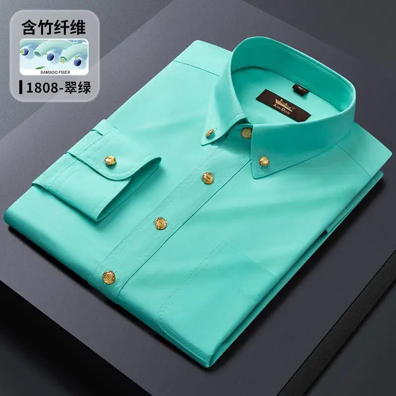2026 Spring/Autumn New Men's Luxury Brass Button Long Sleeve Business Casual Shirt Ironing Resistant Office Work Shirts as Gift