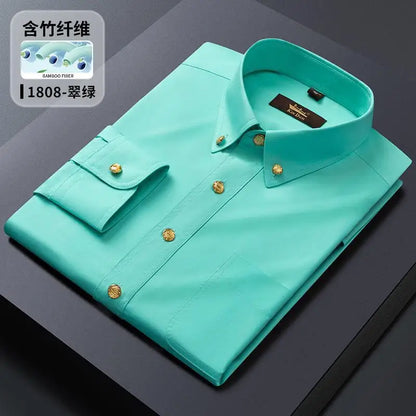2026 Spring/Autumn New Men's Luxury Brass Button Long Sleeve Business Casual Shirt Ironing Resistant Office Work Shirts as Gift