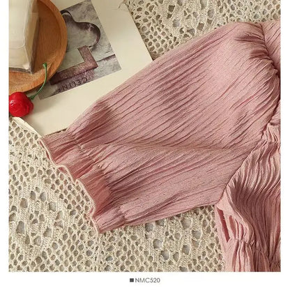 Summer 2025 New Folded Square Collar Bubble Sleeve Shirt High Waist Loose Casual Wide Leg Pants Two Piece Set Women's Fashion