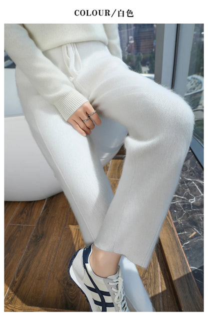 100% mink wool knitted high-waisted pencil pants women's casual autumn and winter new warm solid color thick cashmere pants