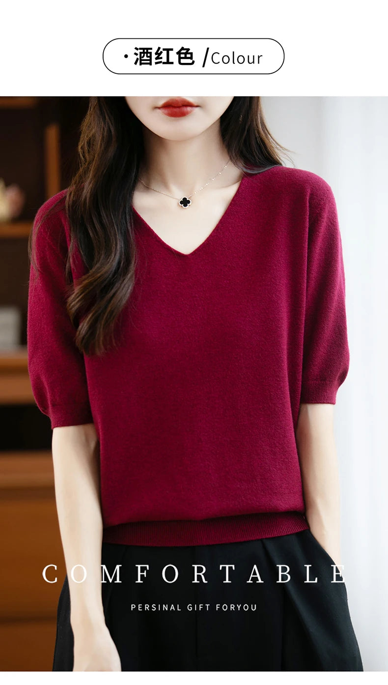Thin Worsted Wool Short-Sleeved Women's Loose Round Neck T-shirt Printed Summer Fashion Knitted Bottoming Shirt Half-Sleeved