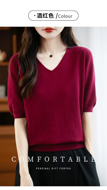 Thin Worsted Wool Short-Sleeved Women's Loose Round Neck T-shirt Printed Summer Fashion Knitted Bottoming Shirt Half-Sleeved