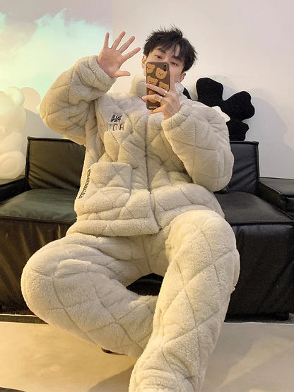 Men's Coral Fleece Sleepwear Thickened Cotton Sandwich Home Clothes Long Sleeve Zipper Closure Warm Home Suit for Autumn Winter