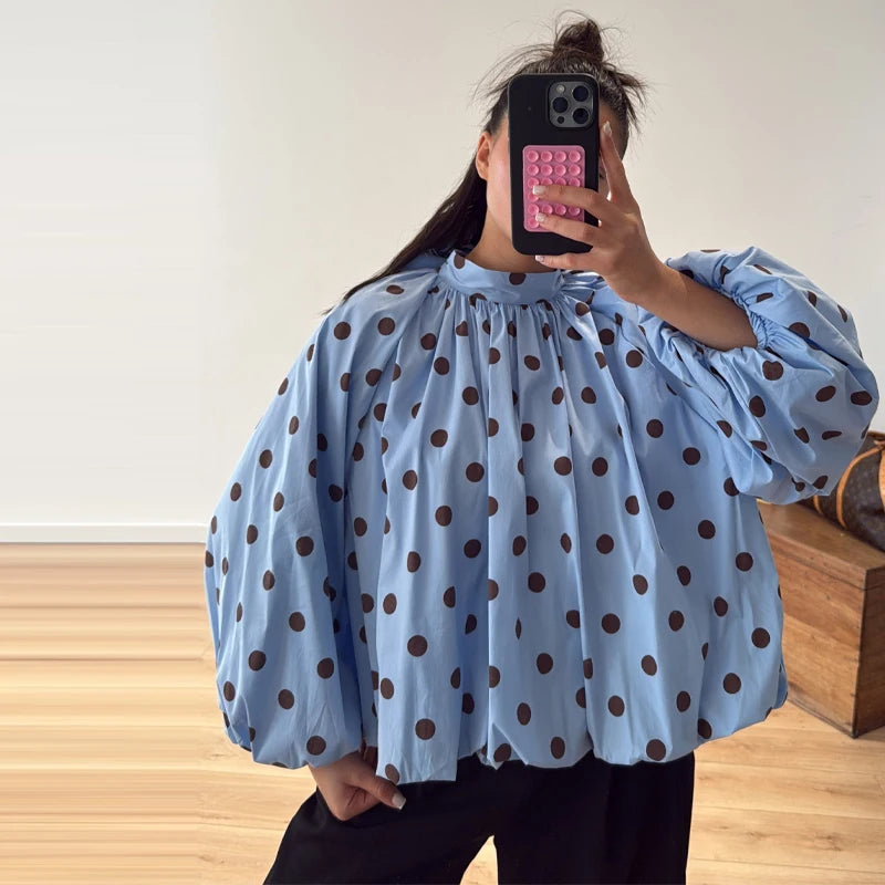 Elegant Retro Polka Dot Lace Up Shirt for Women Long Lantern Sleeve Backless Loose Blouse Top 2026 Lady Daily Casual Shirts