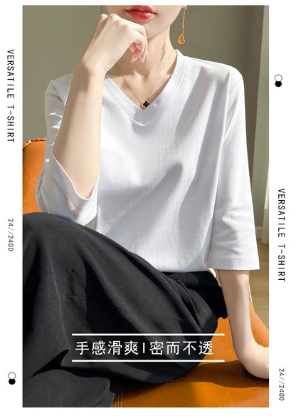 Spring And Summer New White Mercerized Cotton Cropped Sleeve T-shirt Feminine Joker 100% Cotton Bottoming Shirt Half Sleeve