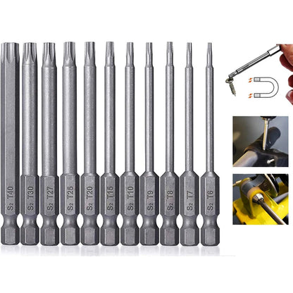 11PCS Torx Head Screwdriver Bit Set Magnetic 1/4" Hex Shank S2 Steel 3 Inch Long Drill Bits Security Torx Bits T6-T40 50/100mm